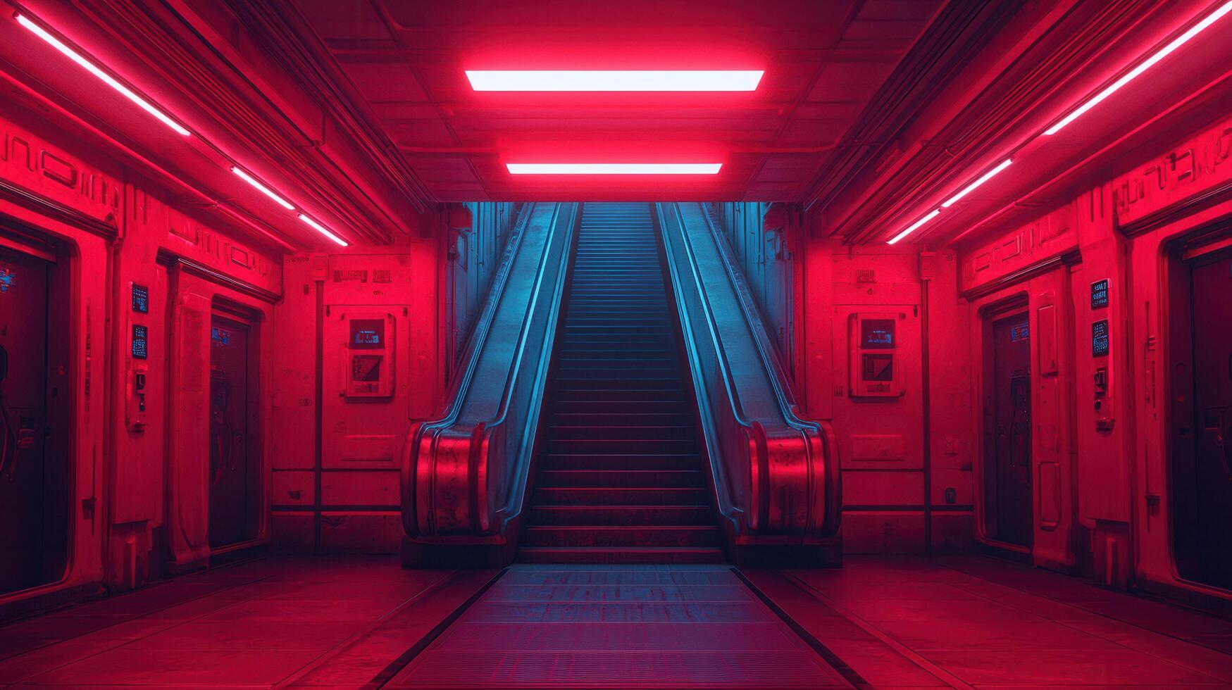 Futuristic Red Neon Lit Escalator in a Cyberpunk Corridor Sci Fi Interior Design photo