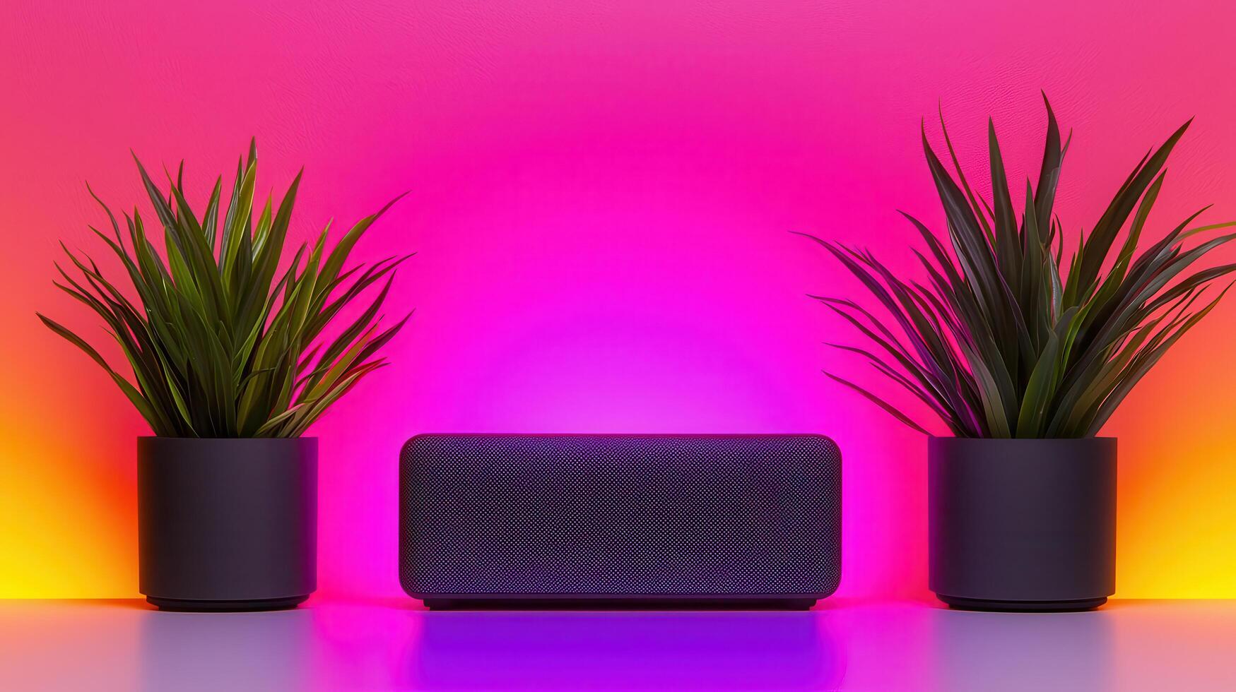 Modern Wireless Speaker with Plants in Colorful Room Setting A Vibrant Home Audio Setup photo