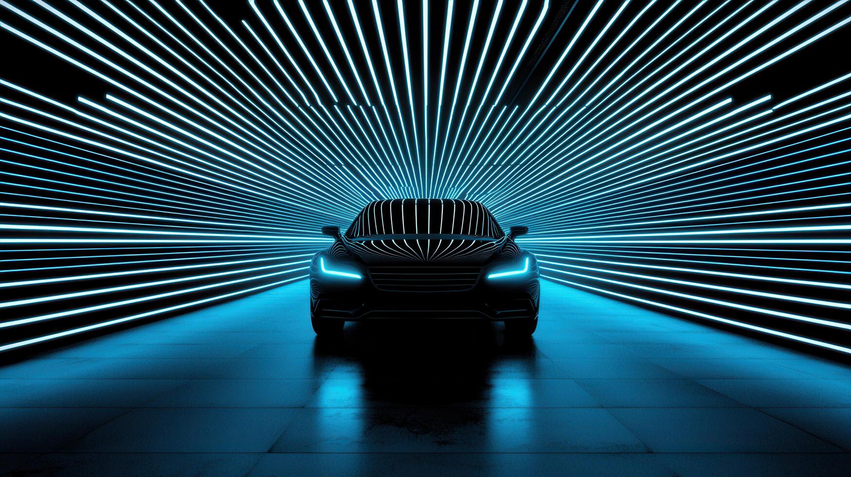 Sleek Black Car in Futuristic Neon Blue Light Tunnel A modern automobile showcased in a vibrant digital art setting photo