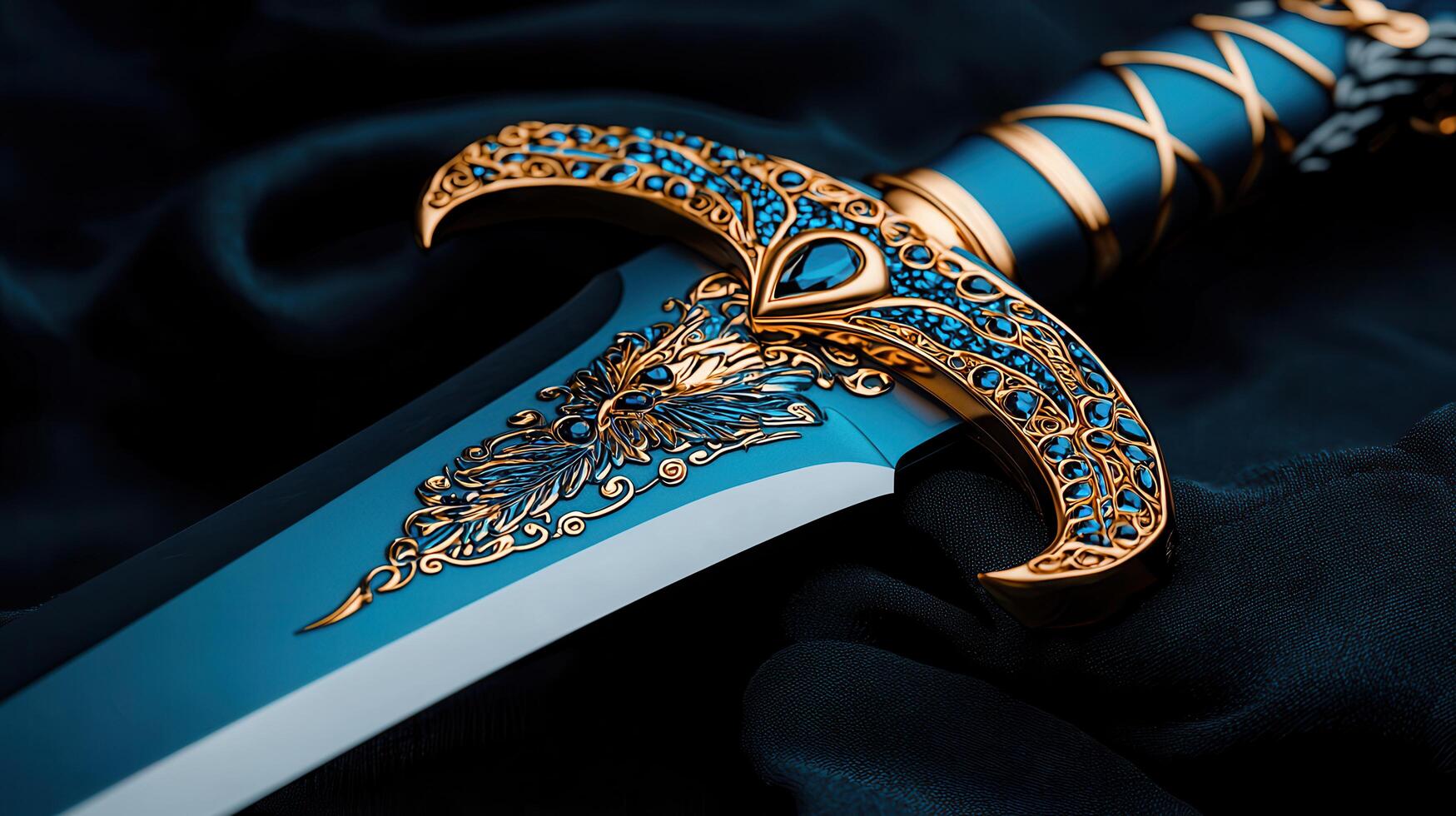Ornate Blue and Gold Fantasy Sword with Gemstones Closeup Detail on Dark Fabric photo