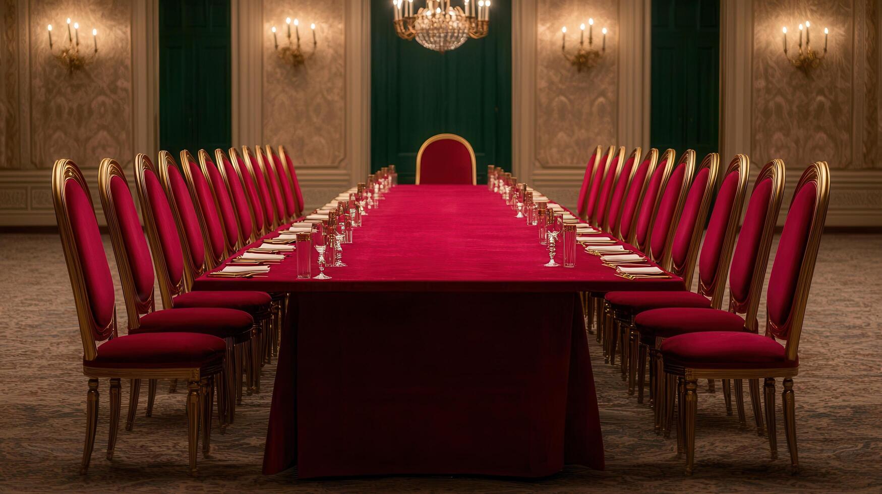 Elegant Long Red Table Setting in a Grand Room with Gold Chairs A Formal Dinner or Meeting Ready photo