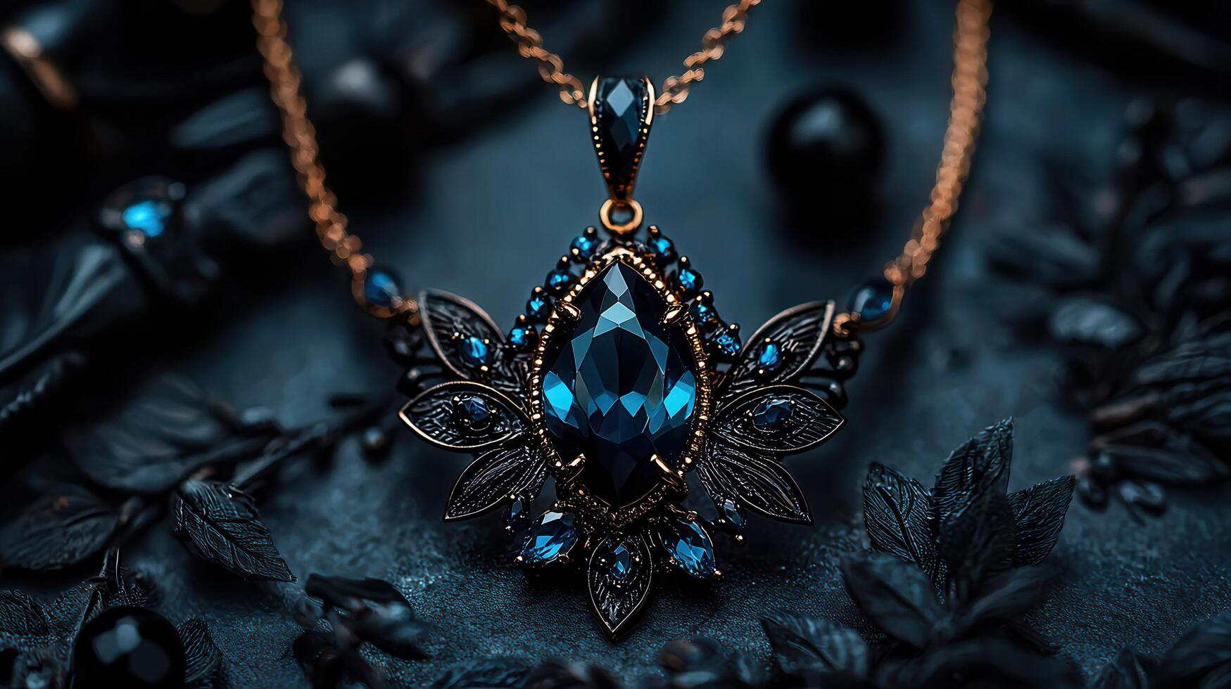 Elegant Dark Blue Gemstone Necklace Pendant Close Up Luxury Jewelry Fashion Accessory photo