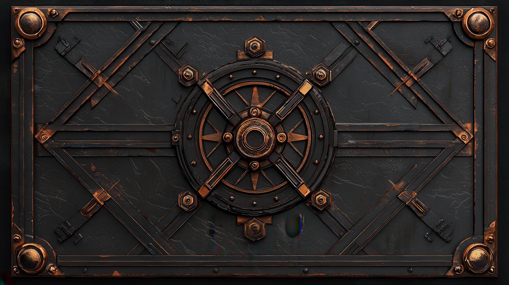 Dark Metal Panel with Intricate Copper Wheel Design Ideal for Backgrounds Textures and Game Assets photo