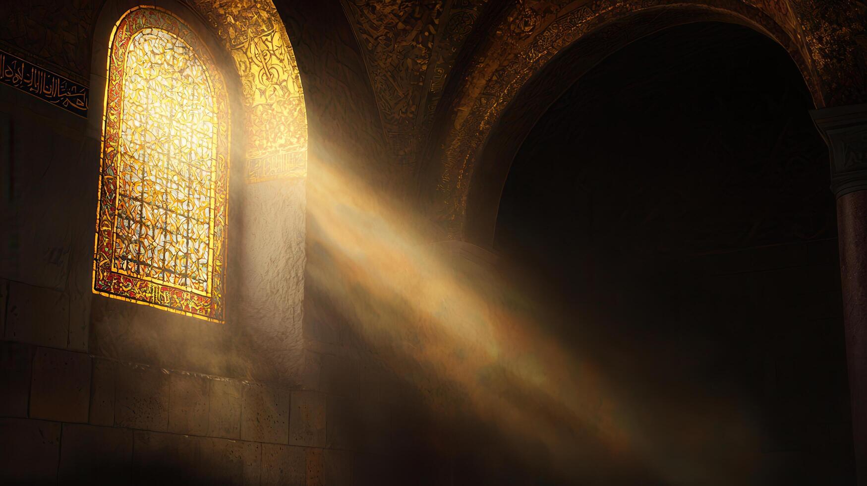 Golden Sunlight Streaming Through Ancient Stained Glass Window in a Historic Building photo