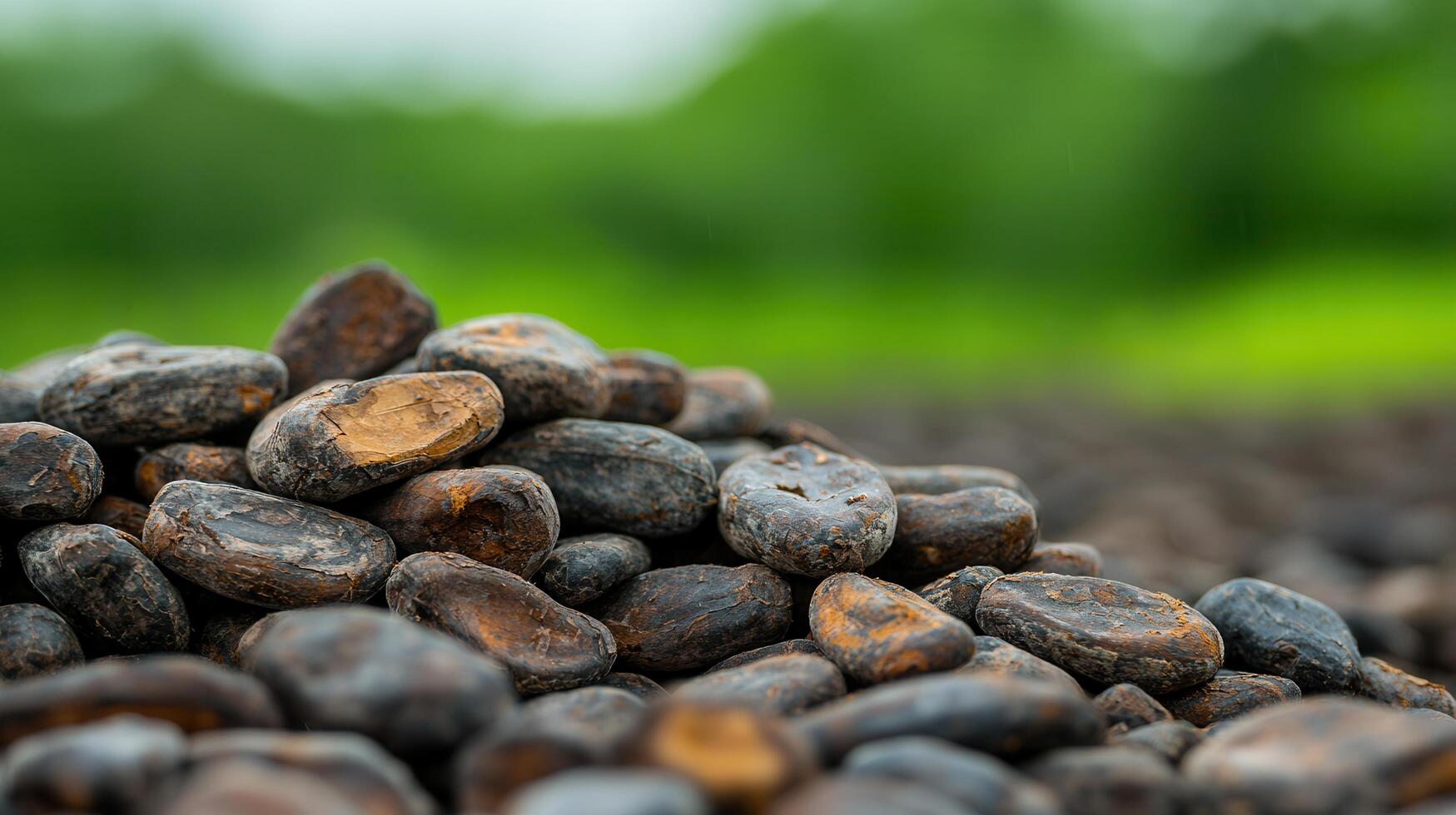 A Close Up View of a Pile of Raw Cacao Beans Against a Lush Green Background High quality image of cocoa beans photo
