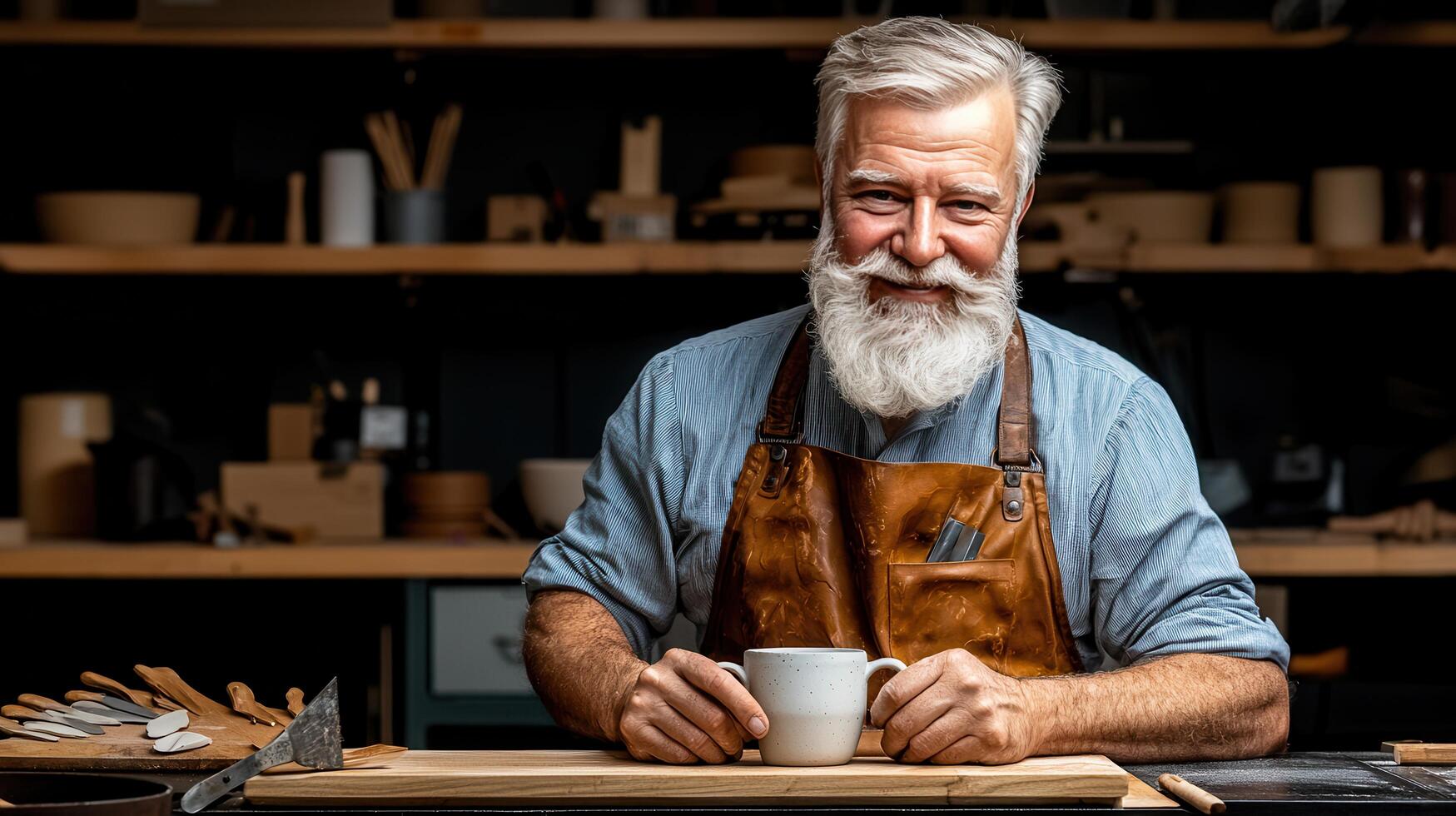 Happy senior artisan craftsman in workshop holding a cup of coffee Smiling mature potter taking a break photo