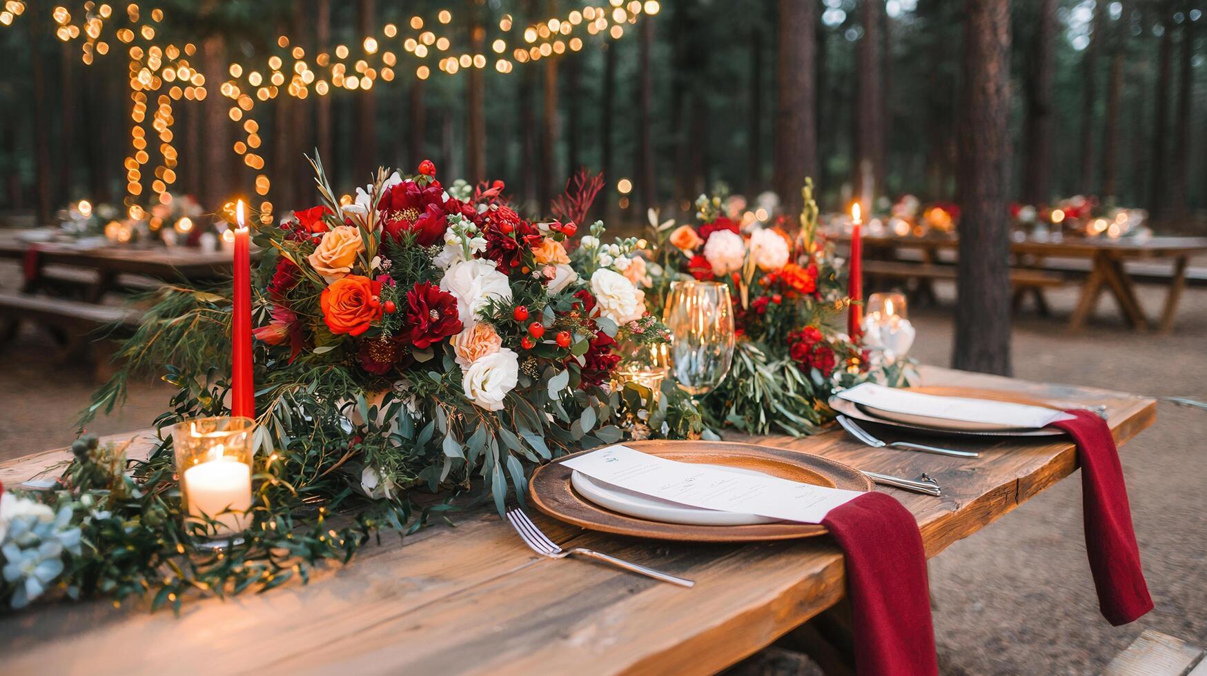 Romantic Rustic Outdoor Wedding Reception Table Setting with Red and White Flowers and Candles photo