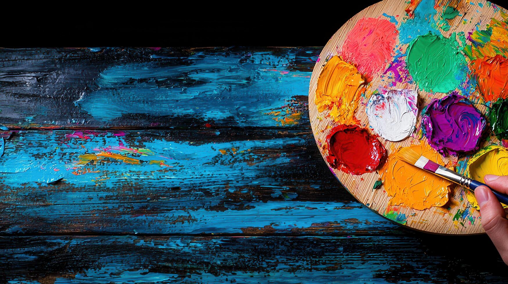 Vibrant Artist's Palette with Oil Paints on a Textured Wooden Background A Colorful Creative Studio Setup photo