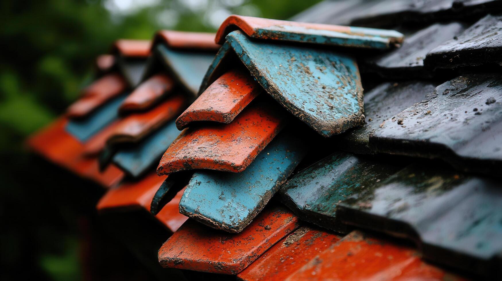 Close up view of weathered red and teal roof tiles showing texture and age A detailed image of aged roofing material photo
