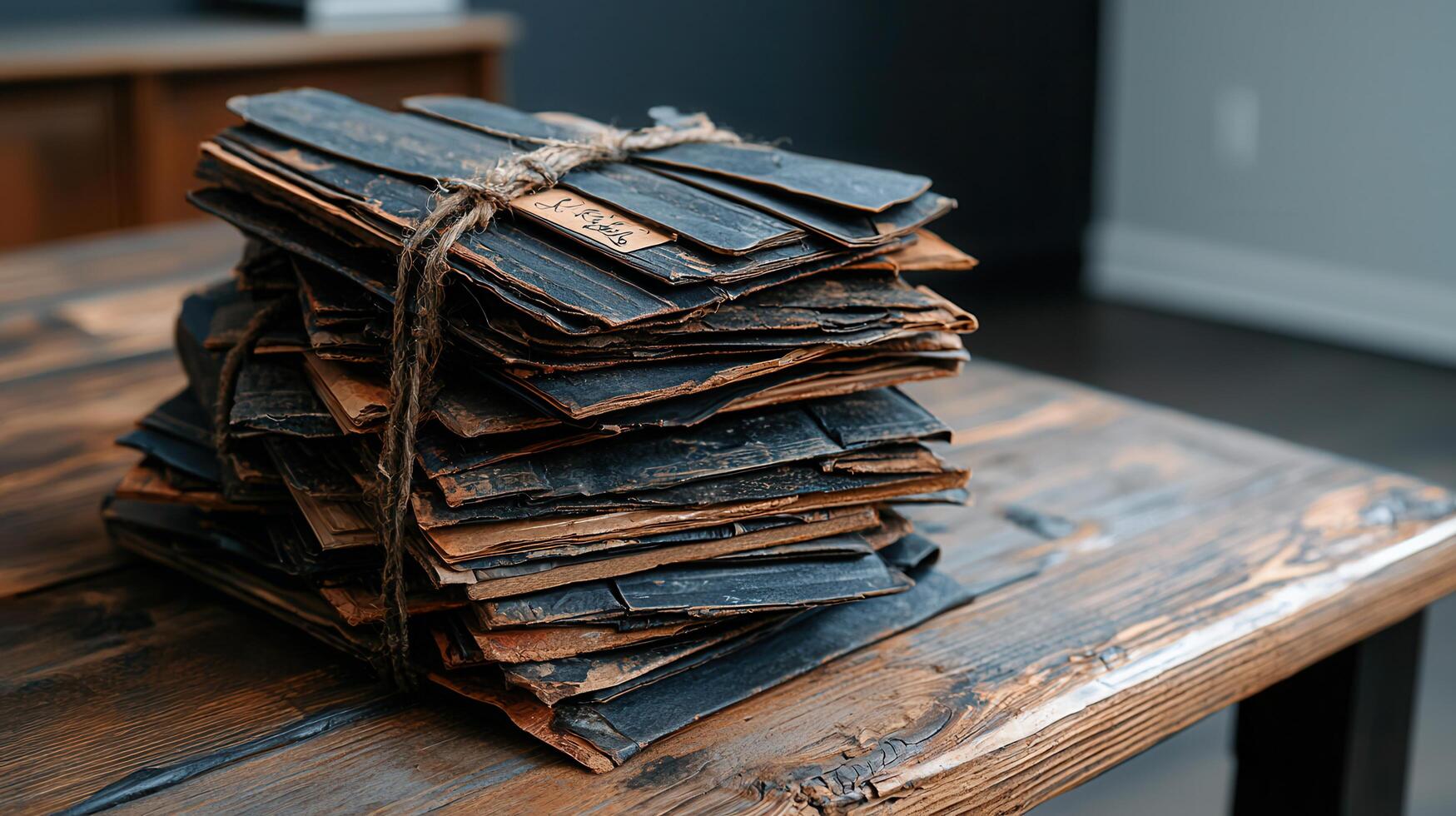 Stack of Vintage Aged Papers Tied with Twine on Rustic Wooden Table A Collection of Old Documents and Books photo