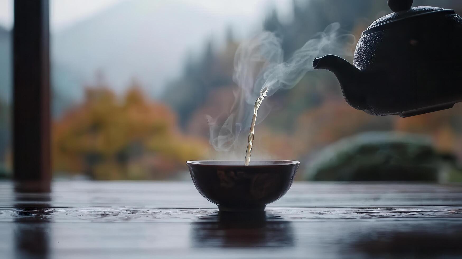 Hot Tea Pouring from Teapot into Bowl on Wooden Table Autumn Background photo