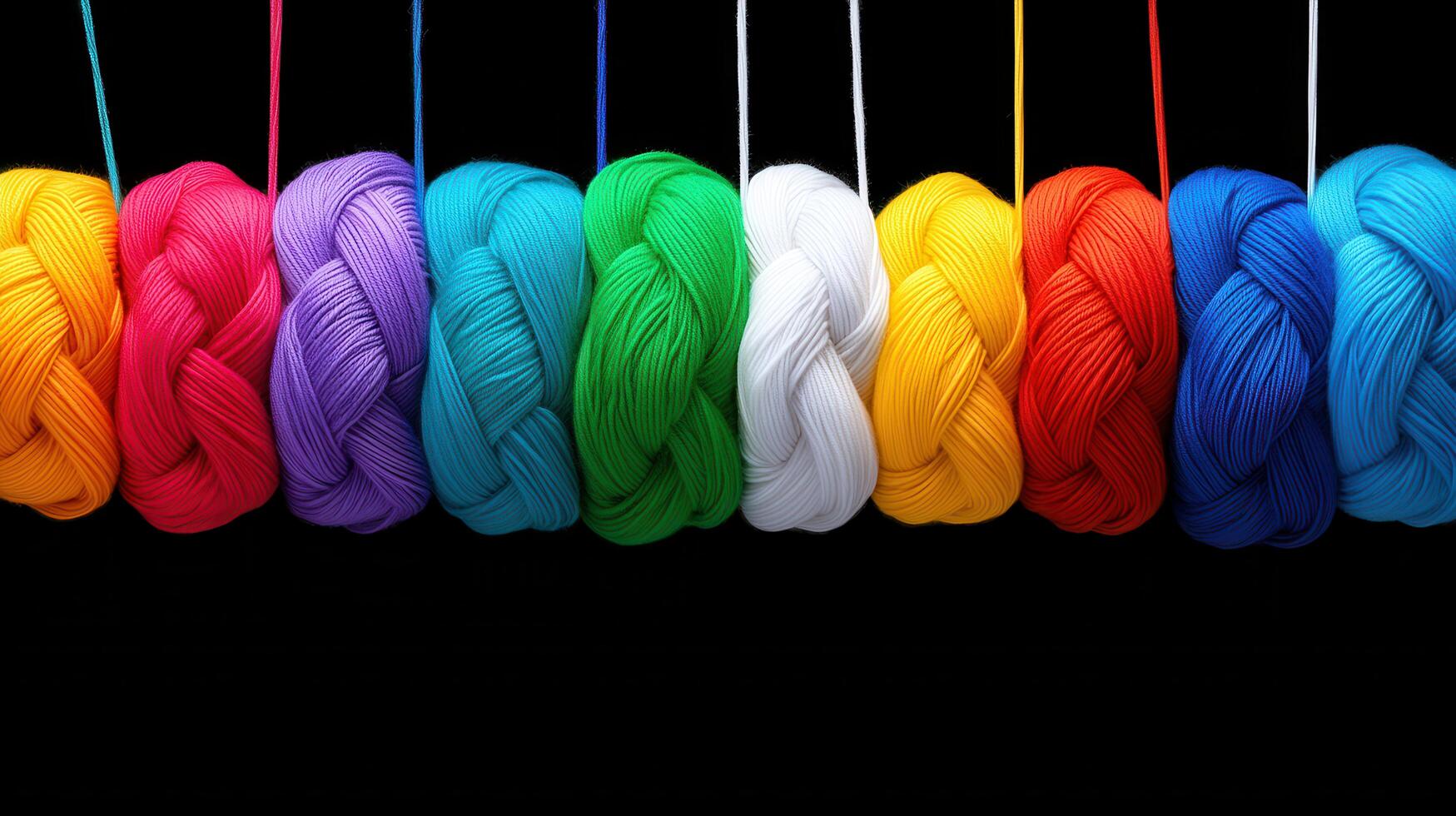 Colorful Yarn Balls Hanging Against Black Background Perfect for Knitting Crochet and Craft Projects photo