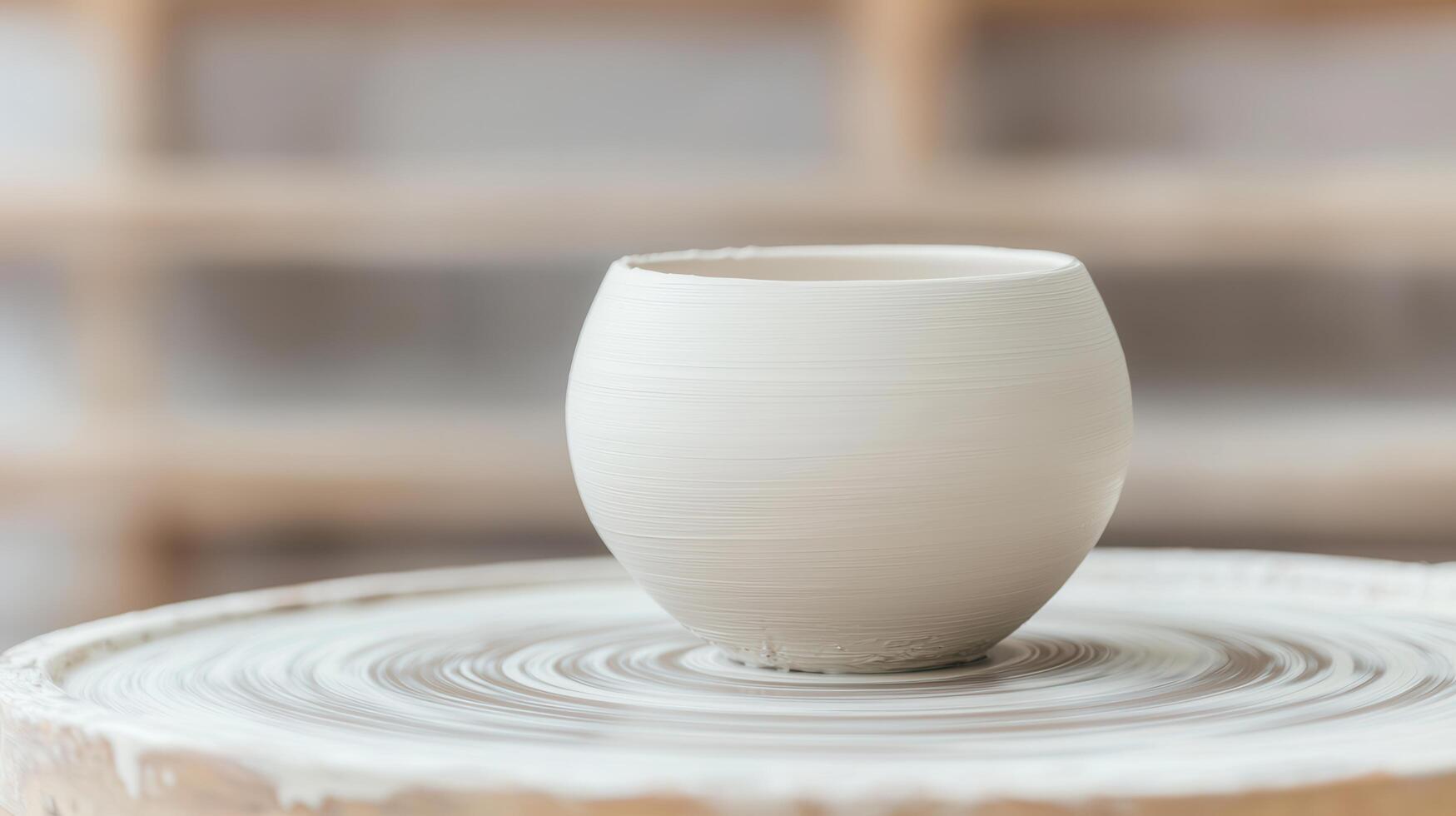 A white ceramic bowl is being shaped on a pottery wheel in a studio Artisan craftsmanship in clay Pottery making process photo