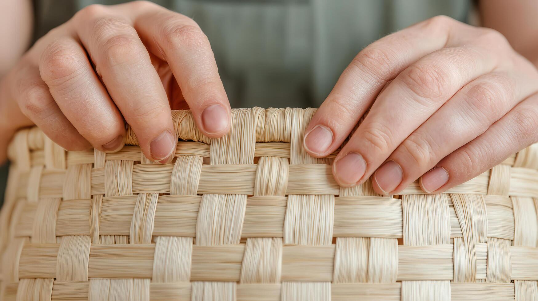 Close up of Hands Carefully Weaving a Light Brown Wicker Basket A Detailed View of the Weaving Process photo
