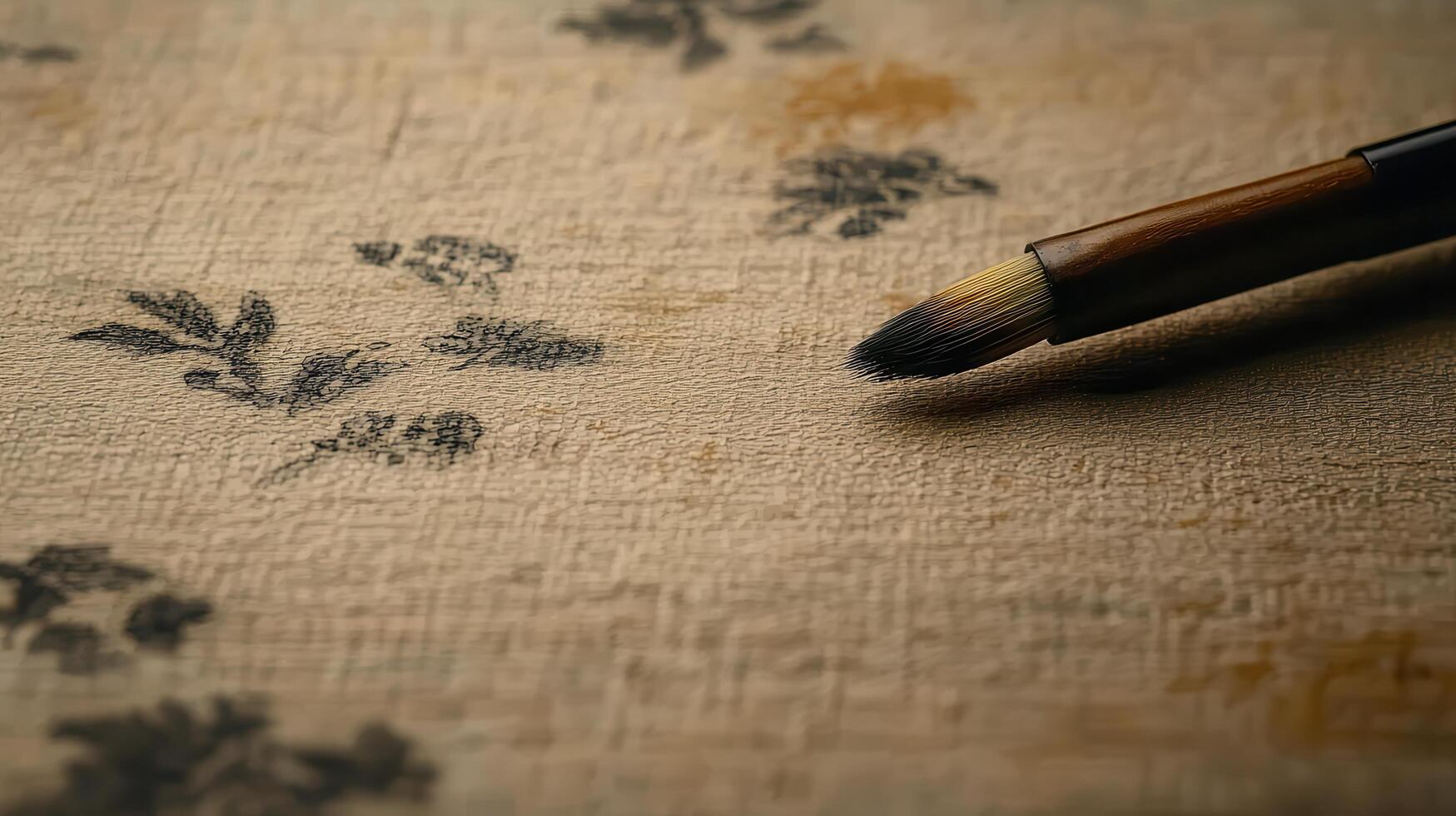 Artist's Paintbrush Resting on Textured Paper with Delicate Ink Drawings of Flowers and Leaves photo