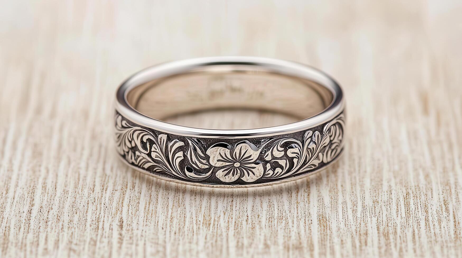 Elegant Hand Engraved Silver Wedding Band with Floral Design A Detailed Close up Shot of a Beautiful Ring photo