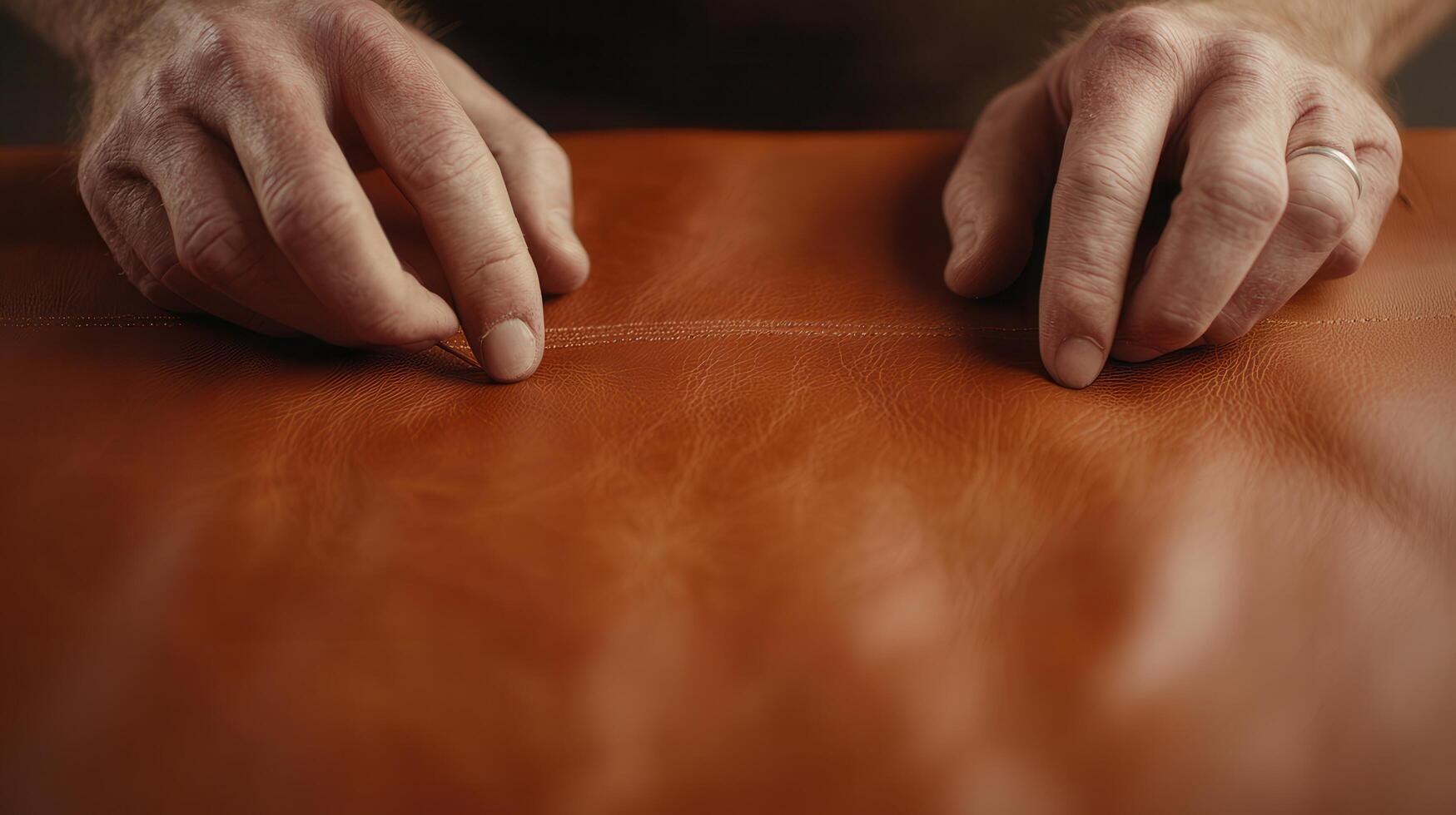 Craftsman's Hands Carefully Inspecting Premium Brown Leather Texture Detail Close Up photo