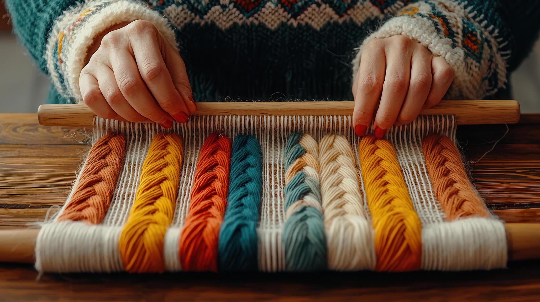 Woman's Hands Weaving Colorful Yarn Wall Hanging Craft Project photo