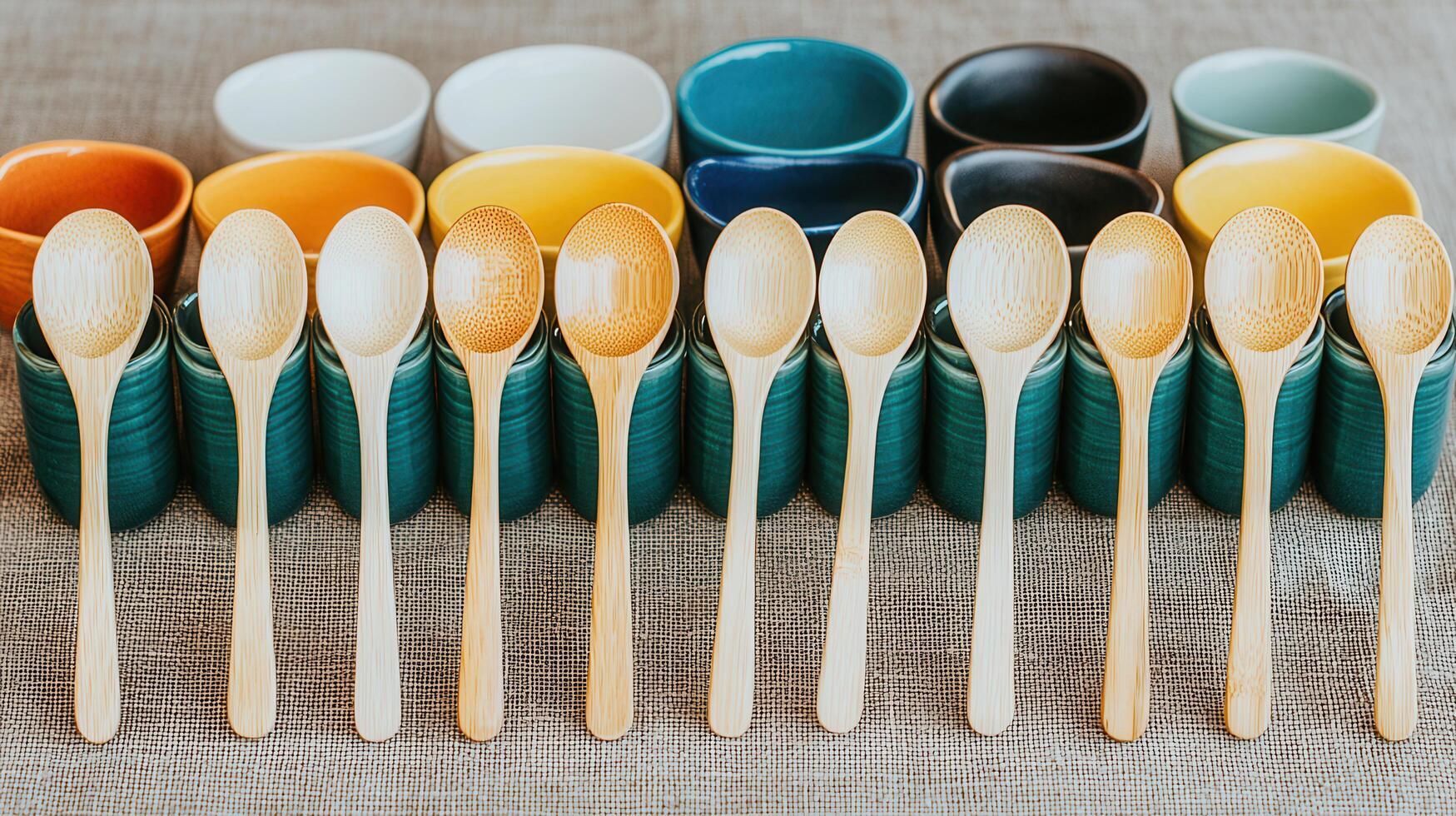 Rustic Wooden Spoons and Colorful Bowls Arranged for a Kitchenware Display photo
