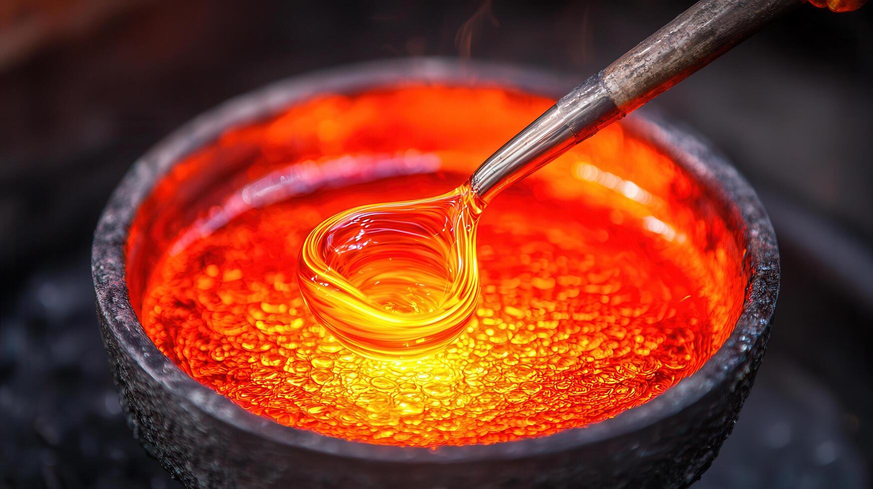 Molten Glass Blowing Process Hot Glass Liquid in a Crucible Glassmaking Craft Art photo
