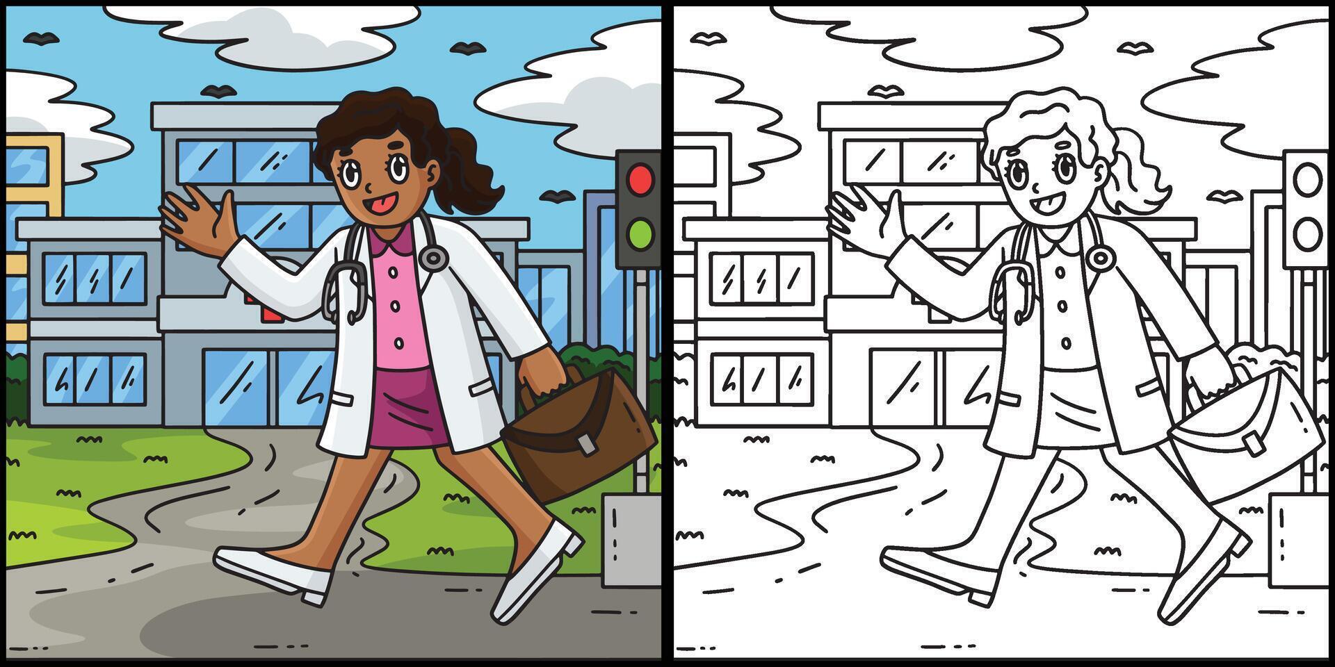 Female Doctor Going To Work Coloring Illustration vector