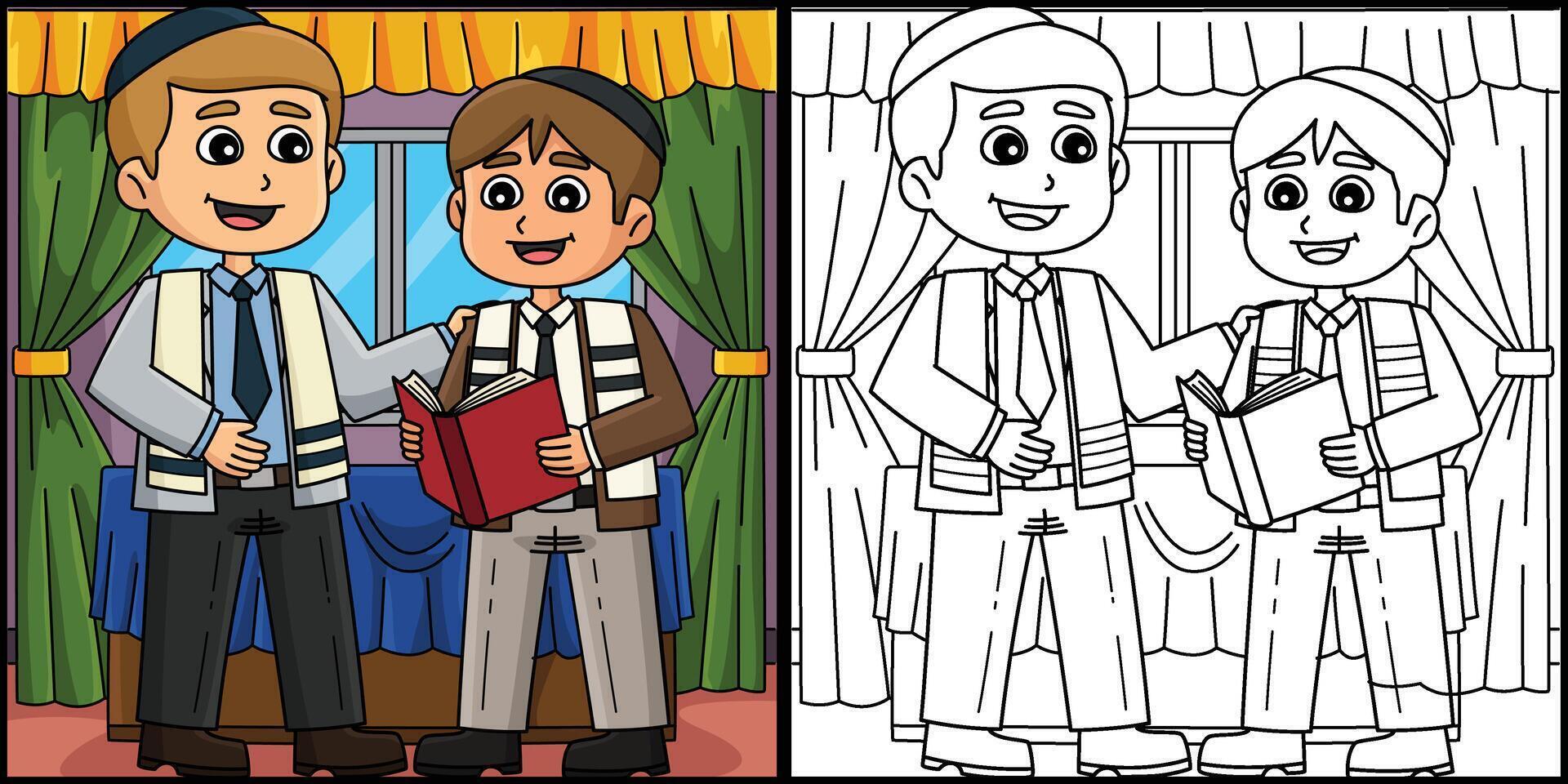 Bar Mitzvah Boy with a Rabbi Coloring Illustration vector