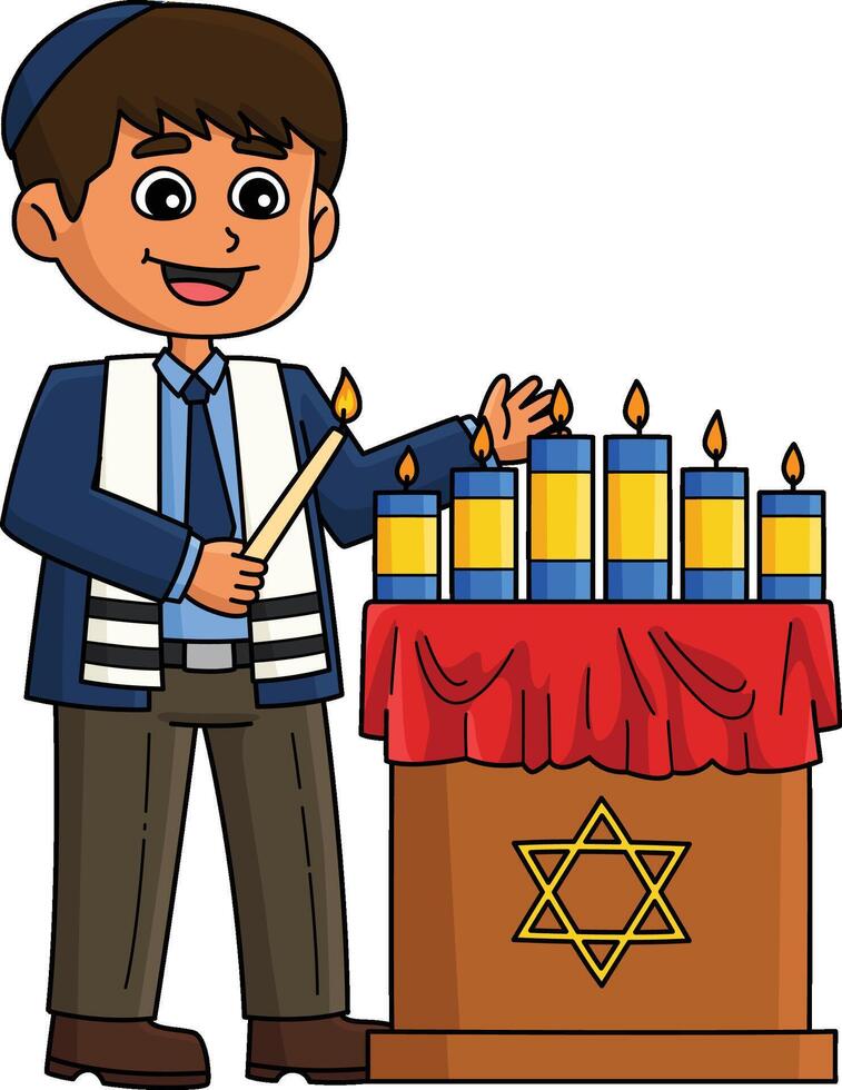 Bar Mitzvah Boy Lighting Candies Cartoon Clipart vector