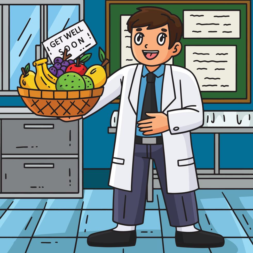 Doctor with Basket of Fruits Colored Cartoon vector