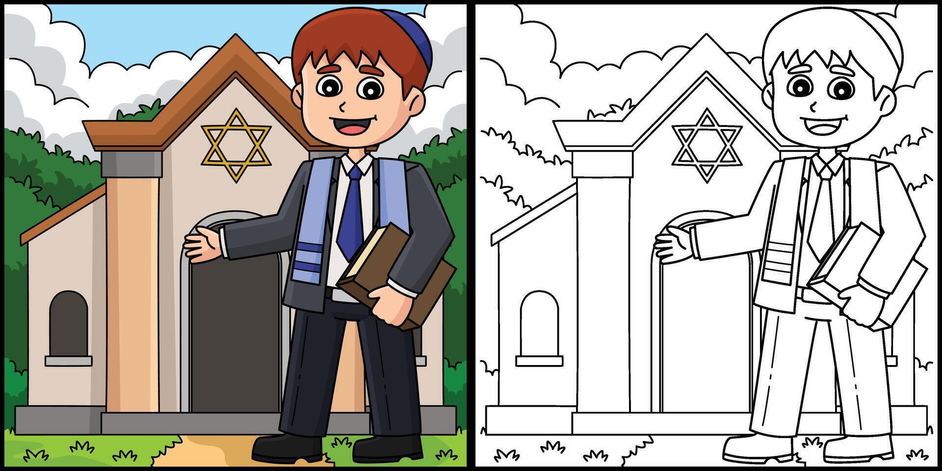 Bar Mitzvah Boy at Synagogue Coloring Illustration vector