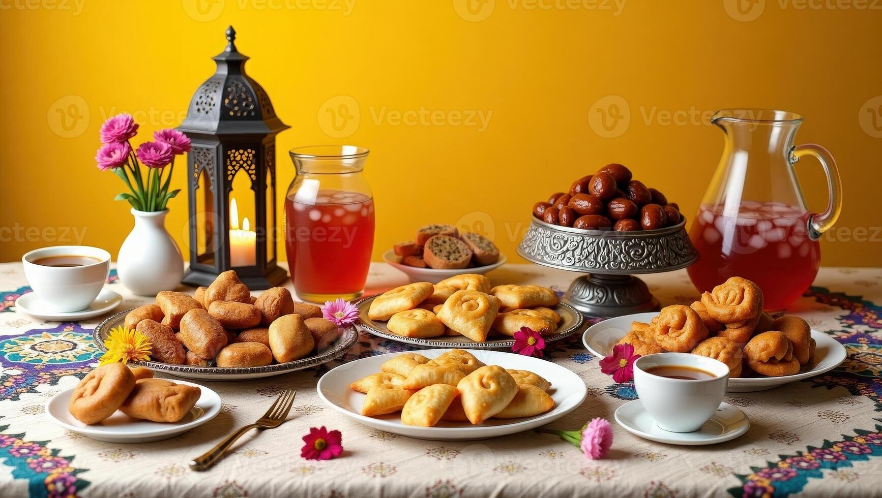 A table with various dishes of food and coffee photo