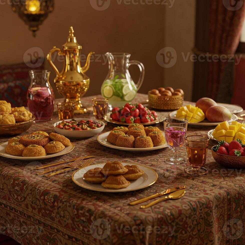 A table with a table cloth and a lot of food photo