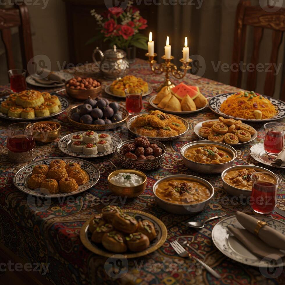 A table with many plates of food on it photo