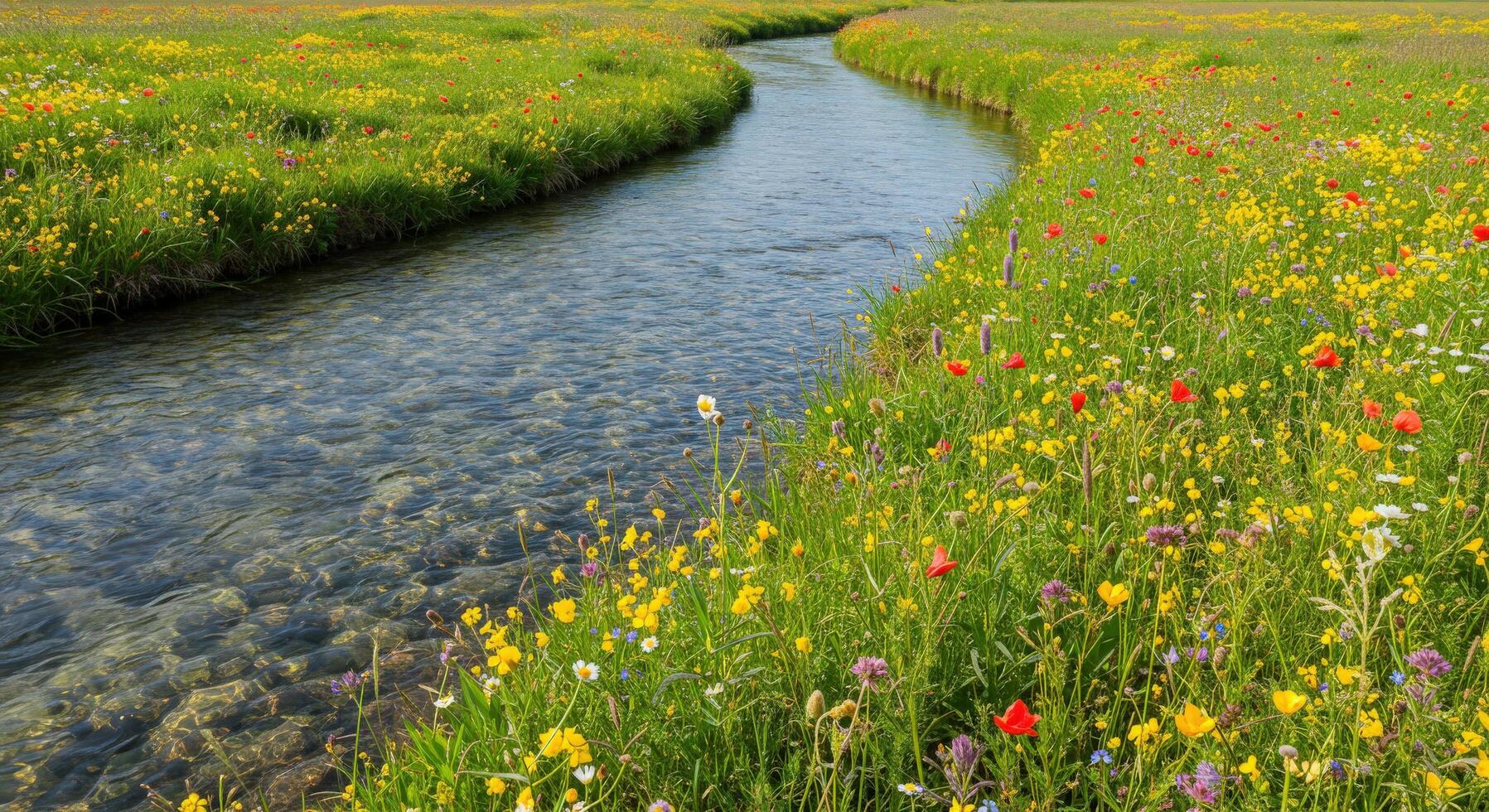 A river running through a field of flowers photo