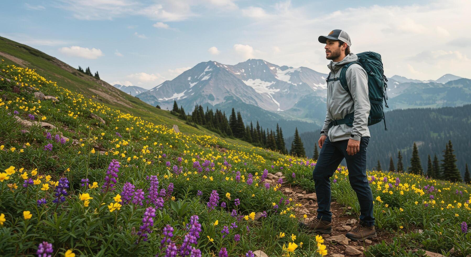 A man with a backpack standing in a field of wildflowers photo