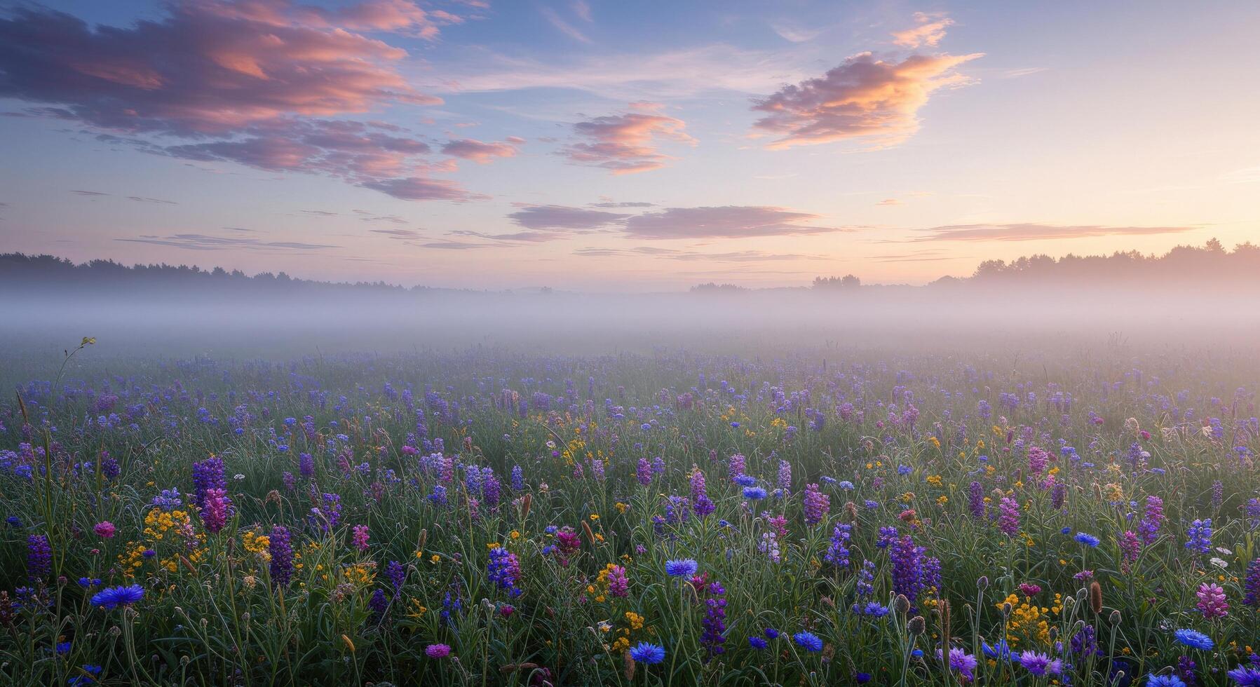 A field of wildflowers in the fog at sunrise photo