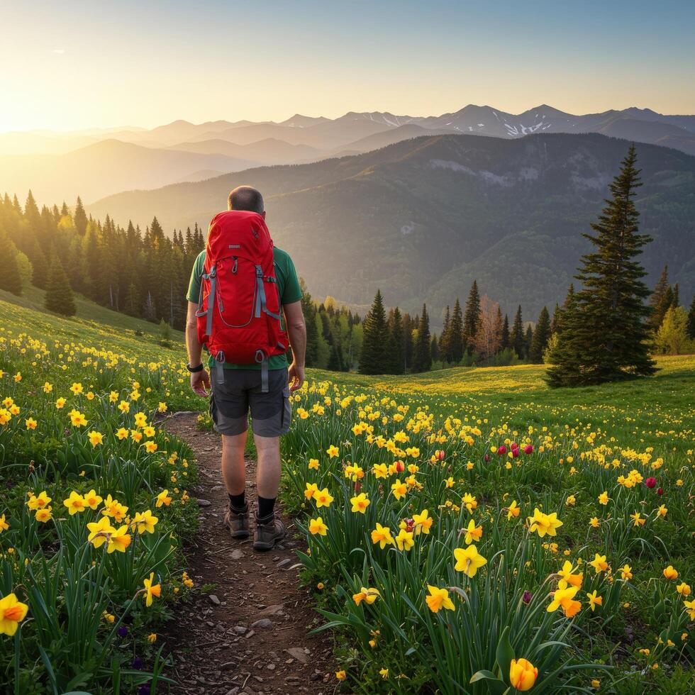 A man with a backpack walking through a field of flowers photo