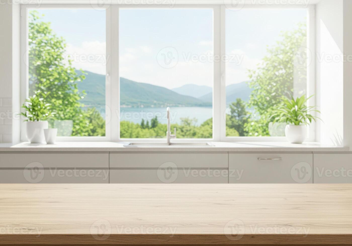 Empty kitchen with wooden table and window photo