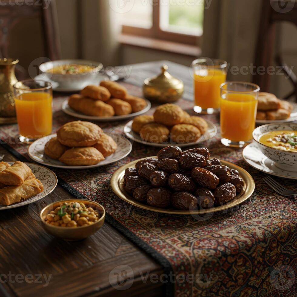 A table with a table cloth and a lot of food photo