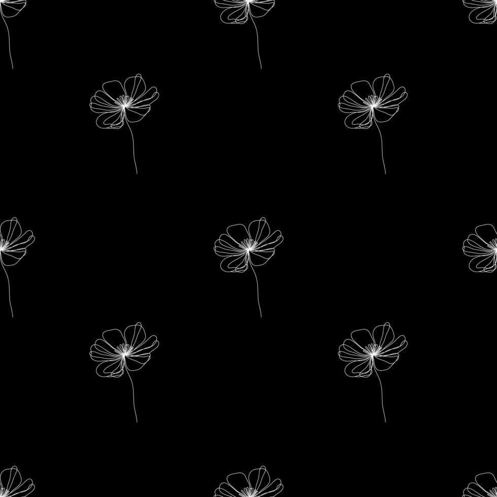 Minimalistic seamless pattern with hand-drawn white flowers on a black background. Elegant and modern line art design for textiles, wallpapers, and backgrounds. vector