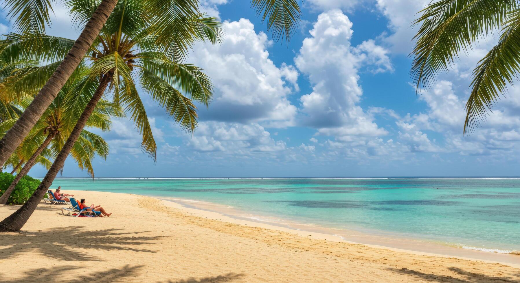 Tropical beach with palm trees and people relaxing on the sand photo