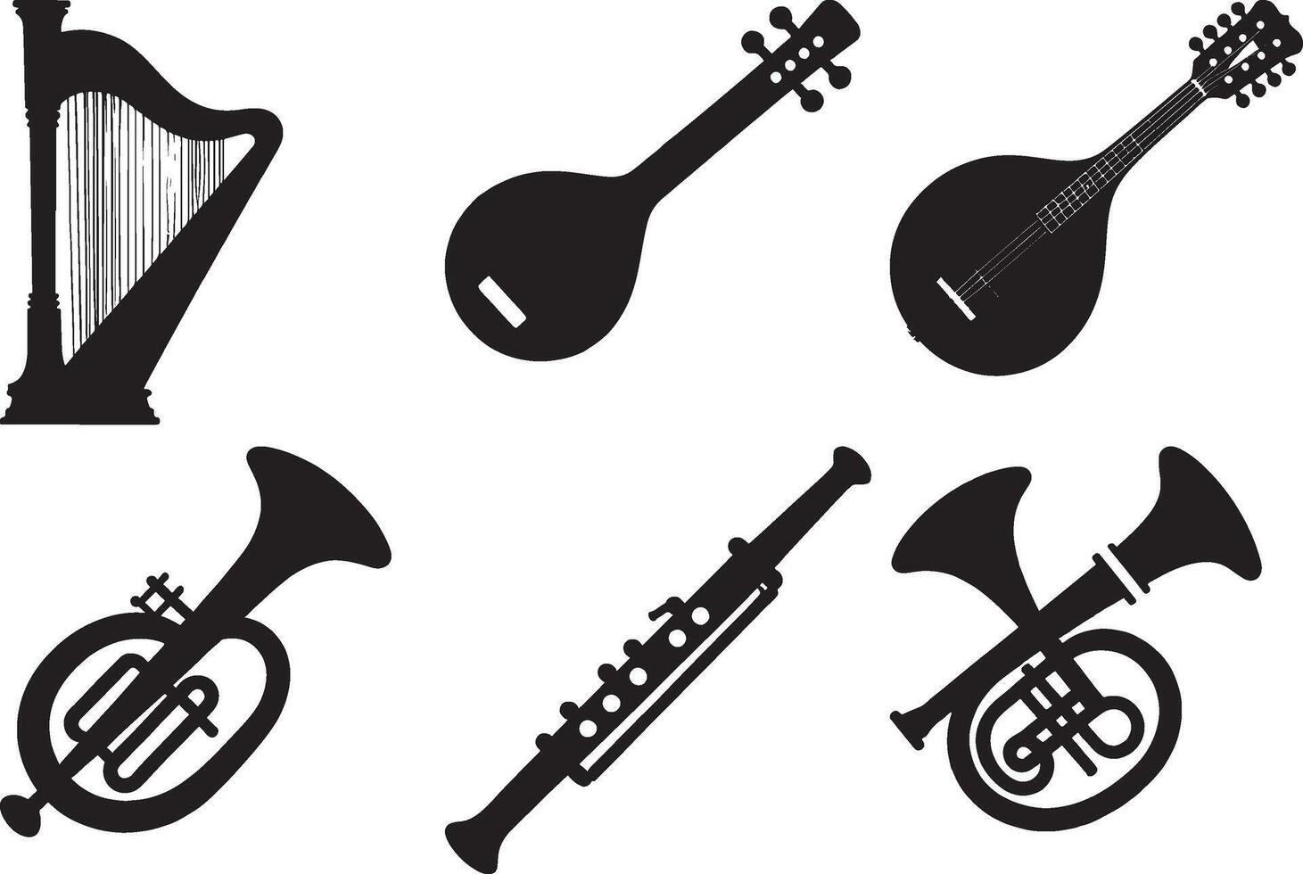 Collection of musical instruments illustration harp mandolin banjo french horn clarinet silhouette vector