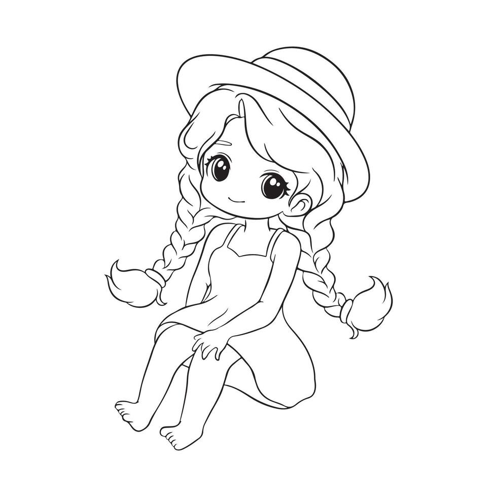Cute cartoon girl in a beach hat and beach dress. illustration for coloring boo vector