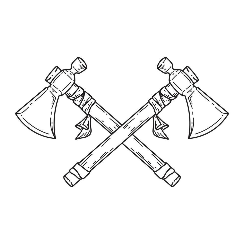 Two crossed axes icon in outline style isolated on white background. Weapon symbol stock illustration. vector