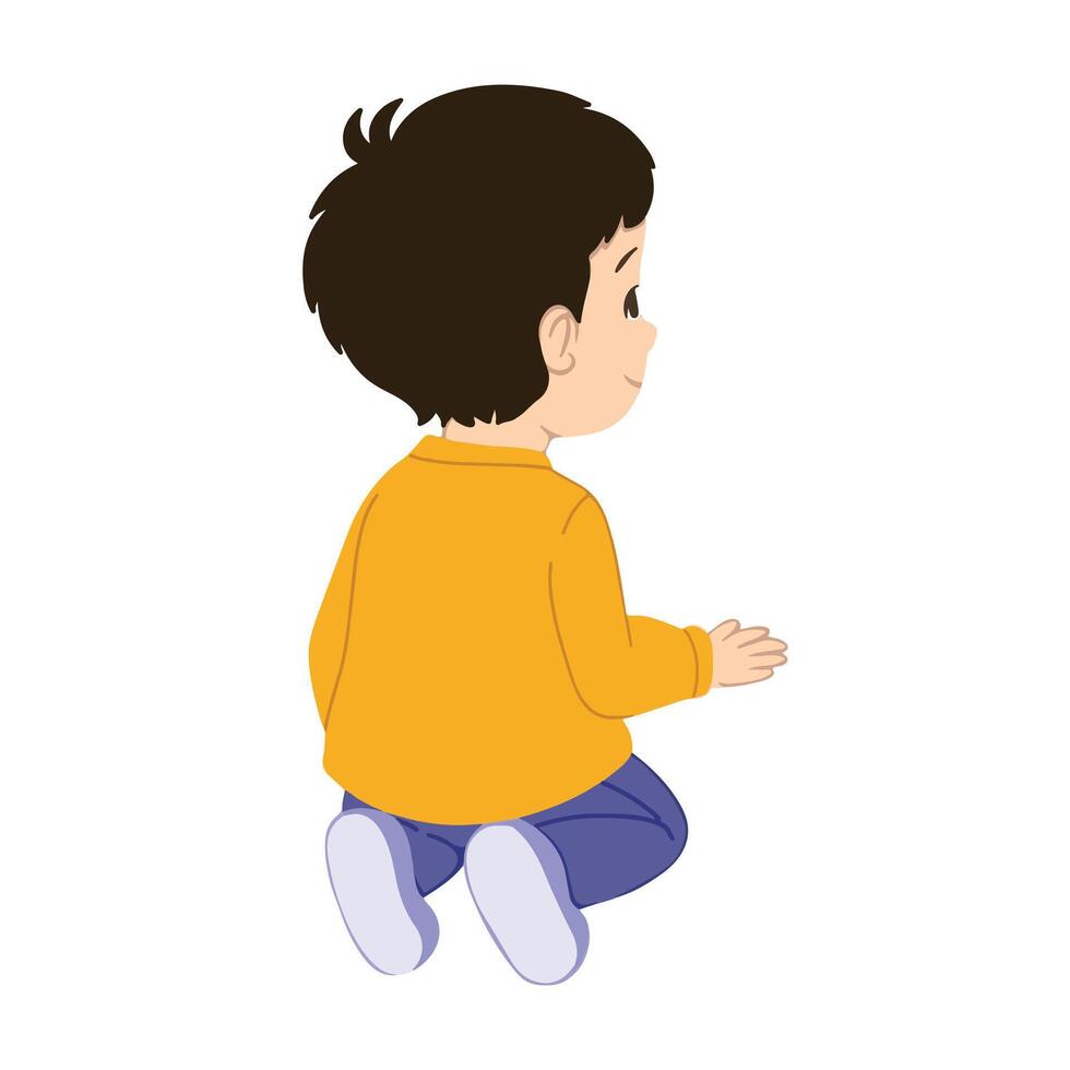 Cute little boy sitting on the floor and looking at something. illustration vector