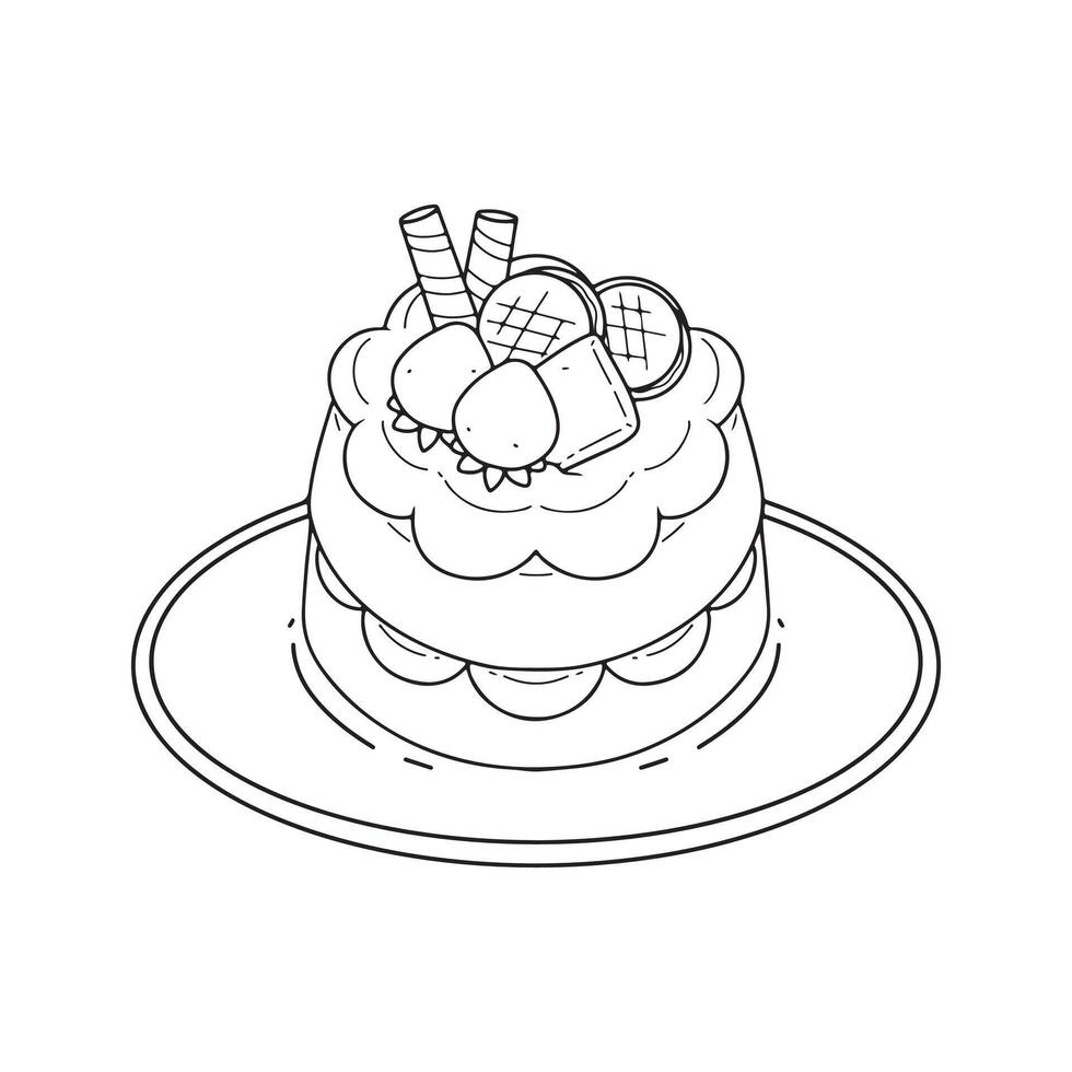 Cake with ice cream and waffle cone. Hand drawn illustration vector