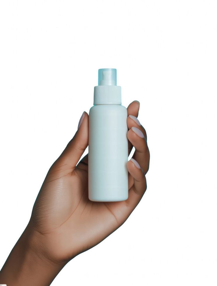The image shows a hand holding a white bottle against a transparent background png
