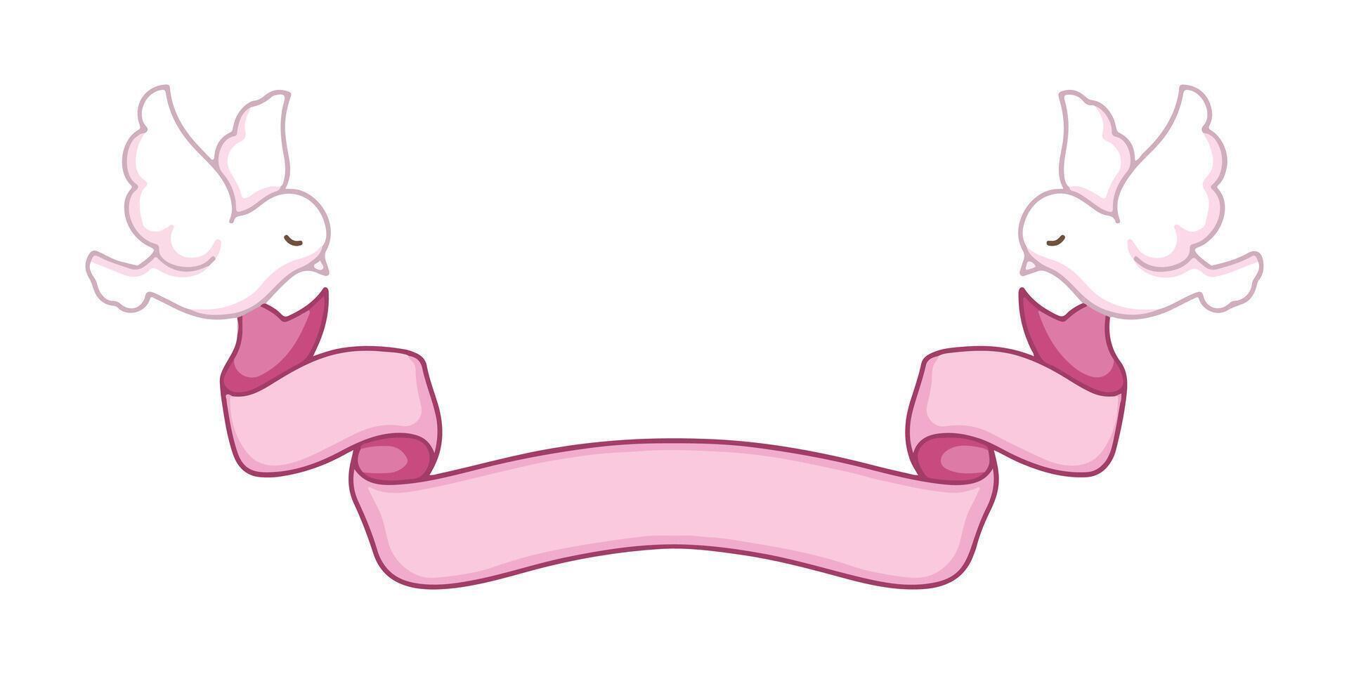 illustration of two white doves with pink ribbon on white background vector