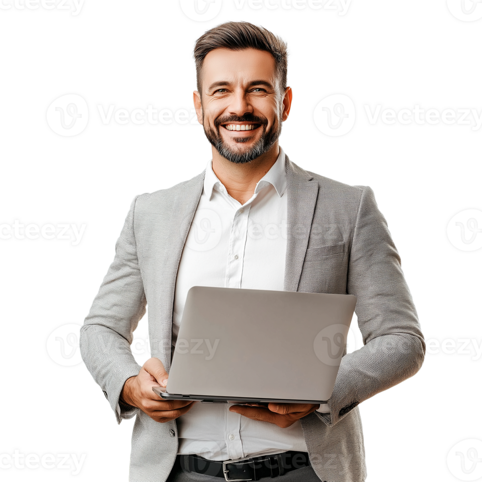 Smiling Businessman with Laptop, on Transparent Background png
