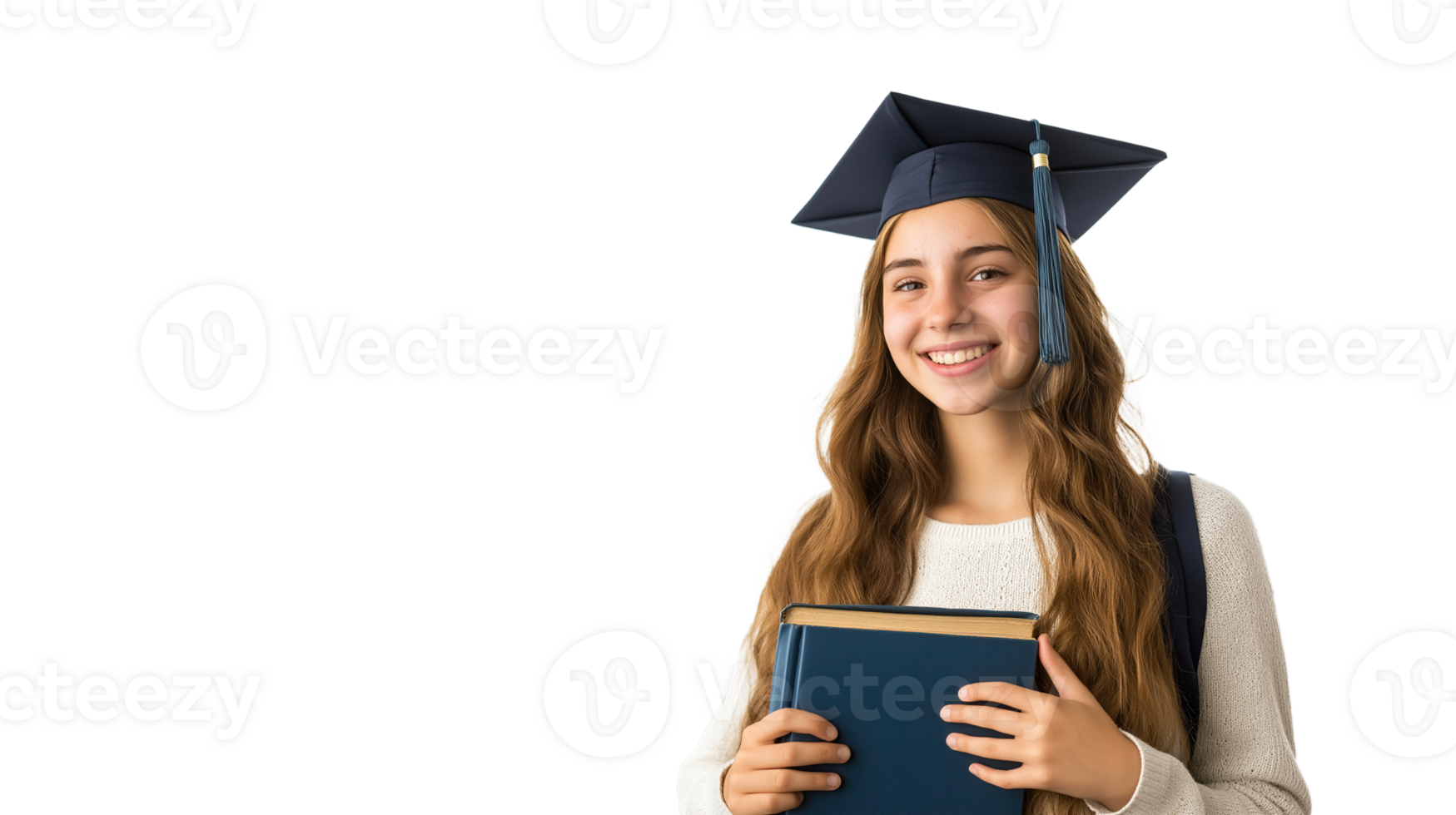 Smiling Young Female College Student Wearing Graduation Cap and Holding a Book, Copy space area ,Isolated on Transparent - Academic Portrait Background png