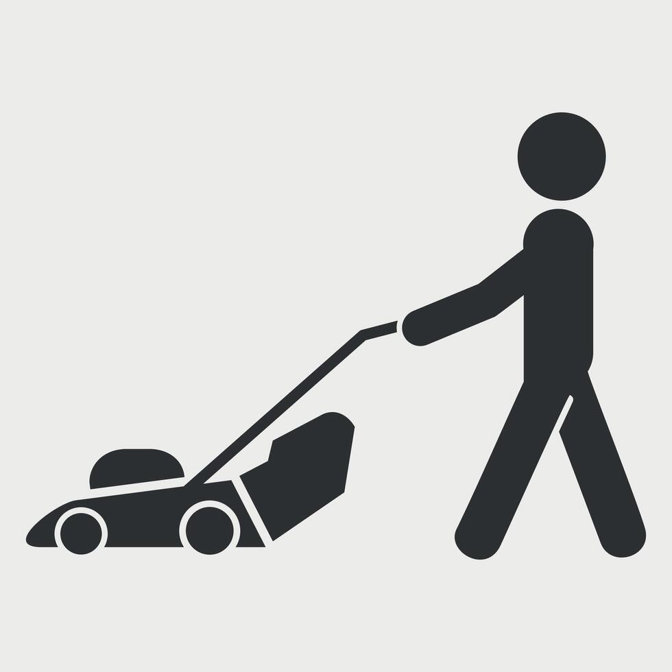 black icon sign of man with lawn mower on white background vector